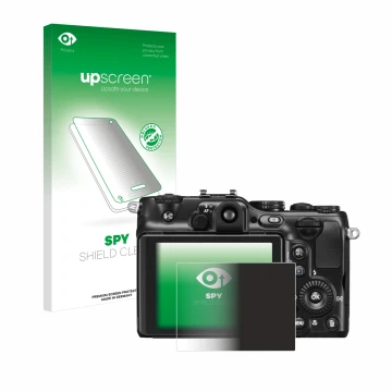 Vorderseite einer Produktverpackung mit dem Markenlogo upscreen. Daneben ist das Gerät Nikon Coolpix P7100 mit dem zugehörigen