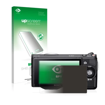 Vorderseite einer Produktverpackung mit dem Markenlogo upscreen. Daneben ist das Gerät Sony Alpha NEX-5N mit dem zugehörigen D