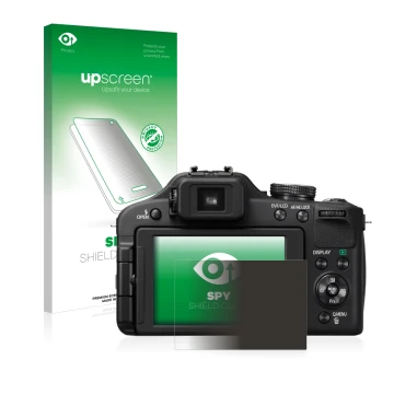 Vorderseite einer Produktverpackung mit dem Markenlogo upscreen. Daneben ist das Gerät Panasonic Lumix DMC-FZ150 mit dem zugeh