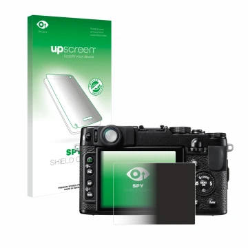 Vorderseite einer Produktverpackung mit dem Markenlogo upscreen. Daneben ist das Gerät Fujifilm FinePix X10 mit dem zugehörige
