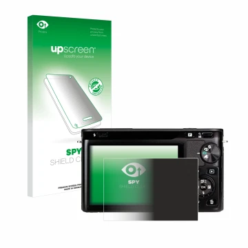Vorderseite einer Produktverpackung mit dem Markenlogo upscreen. Daneben ist das Gerät Nikon 1 J1 mit dem zugehörigen Displays