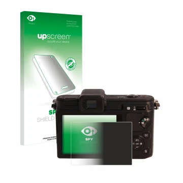 Vorderseite einer Produktverpackung mit dem Markenlogo upscreen. Daneben ist das Gerät Nikon 1 V1 mit dem zugehörigen Displays