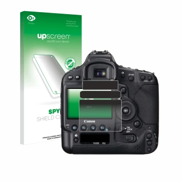 Vorderseite einer Produktverpackung mit dem Markenlogo upscreen. Daneben ist das Gerät Canon EOS 1D X mit dem zugehörigen Disp