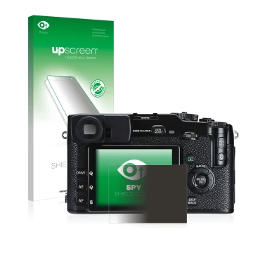 Vorderseite einer Produktverpackung mit dem Markenlogo upscreen. Daneben ist das Gerät Fujifilm X-Pro1 mit dem zugehörigen Dis