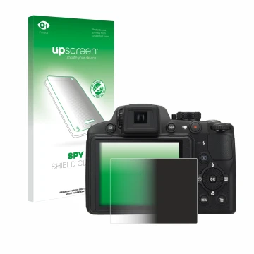 Vorderseite einer Produktverpackung mit dem Markenlogo upscreen. Daneben ist das Gerät Nikon Coolpix P510 mit dem zugehörigen 