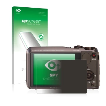 Vorderseite einer Produktverpackung mit dem Markenlogo upscreen. Daneben ist das Gerät Sony Cyber-Shot DSC-HX20V mit dem zugeh