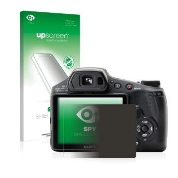 Vorderseite einer Produktverpackung mit dem Markenlogo upscreen. Daneben ist das Gerät Sony Cyber-Shot DSC-HX200V mit dem zuge