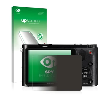 Vorderseite einer Produktverpackung mit dem Markenlogo upscreen. Daneben ist das Gerät Samsung NX1000 mit dem zugehörigen Disp