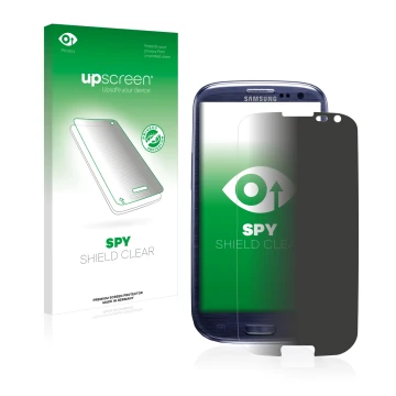 Vorderseite einer Produktverpackung mit dem Markenlogo upscreen. Daneben ist das Gerät Samsung Galaxy S3 I9300 mit dem zugehör