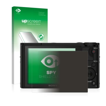 Vorderseite einer Produktverpackung mit dem Markenlogo upscreen. Daneben ist das Gerät Sony Cyber-Shot DSC-RX100 mit dem zugeh