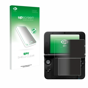 Vorderseite einer Produktverpackung mit dem Markenlogo upscreen. Daneben ist das Gerät Nintendo 3DS XL SPM7800 mit dem zugehör