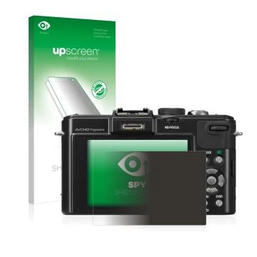 Vorderseite einer Produktverpackung mit dem Markenlogo upscreen. Daneben ist das Gerät Panasonic Lumix DMC-LX7 mit dem zugehör