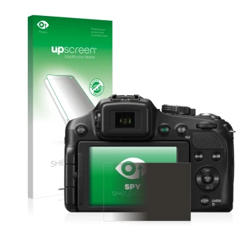 Vorderseite einer Produktverpackung mit dem Markenlogo upscreen. Daneben ist das Gerät Panasonic Lumix DMC-FZ200 mit dem zugeh