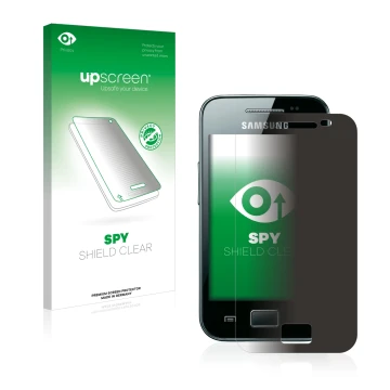 Vorderseite einer Produktverpackung mit dem Markenlogo upscreen. Daneben ist das Gerät Samsung Galaxy Ace S5830i mit dem zugeh