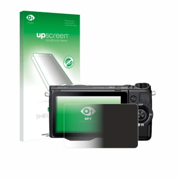 Vorderseite einer Produktverpackung mit dem Markenlogo upscreen. Daneben ist das Gerät Sony Alpha NEX-5R mit dem zugehörigen D