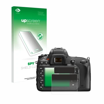 Vorderseite einer Produktverpackung mit dem Markenlogo upscreen. Daneben ist das Gerät Nikon D600 mit dem zugehörigen Displays