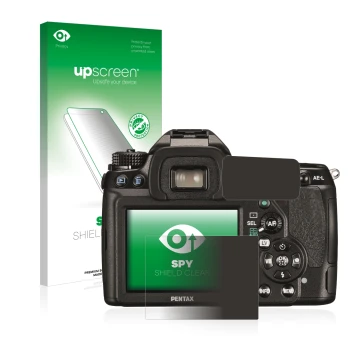 Vorderseite einer Produktverpackung mit dem Markenlogo upscreen. Daneben ist das Gerät Pentax K5II, K-5II mit dem zugehörigen 