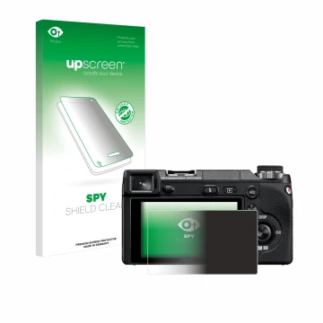 Vorderseite einer Produktverpackung mit dem Markenlogo upscreen. Daneben ist das Gerät Sony Alpha NEX-6 mit dem zugehörigen Di