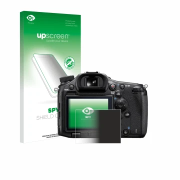 Vorderseite einer Produktverpackung mit dem Markenlogo upscreen. Daneben ist das Gerät Sony Alpha 99 mit dem zugehörigen Displ