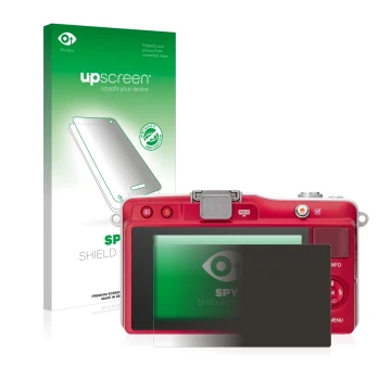 Vorderseite einer Produktverpackung mit dem Markenlogo upscreen. Daneben ist das Gerät Olympus PEN Mini E-PM2 mit dem zugehöri