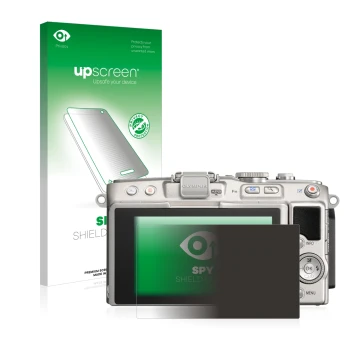 Vorderseite einer Produktverpackung mit dem Markenlogo upscreen. Daneben ist das Gerät Olympus PEN Lite E-PL5 mit dem zugehöri