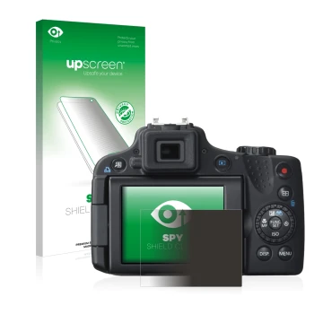 Vorderseite einer Produktverpackung mit dem Markenlogo upscreen. Daneben ist das Gerät Canon PowerShot SX50 HS mit dem zugehör