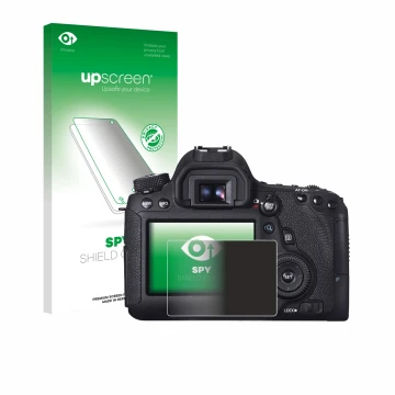 Vorderseite einer Produktverpackung mit dem Markenlogo upscreen. Daneben ist das Gerät Canon EOS 6D mit dem zugehörigen Displa