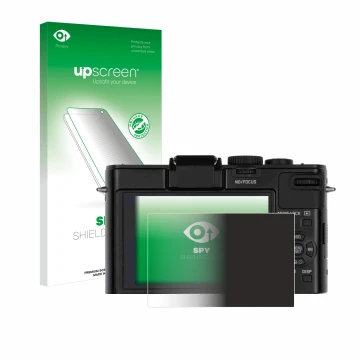 Vorderseite einer Produktverpackung mit dem Markenlogo upscreen. Daneben ist das Gerät Leica D-Lux 6 mit dem zugehörigen Displ