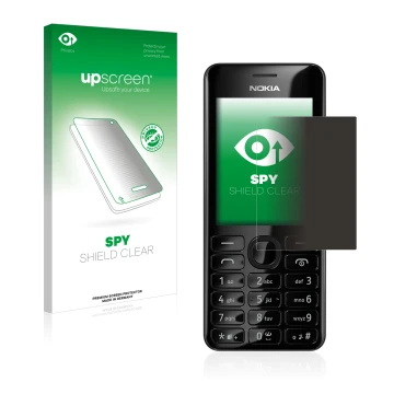 Vorderseite einer Produktverpackung mit dem Markenlogo upscreen. Daneben ist das Gerät Nokia 206 Dual SIM mit dem zugehörigen 