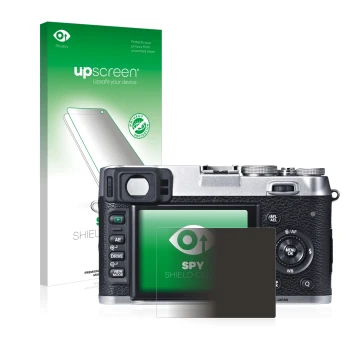 Vorderseite einer Produktverpackung mit dem Markenlogo upscreen. Daneben ist das Gerät Fujifilm X100S mit dem zugehörigen Disp