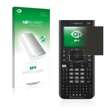 Vorderseite einer Produktverpackung mit dem Markenlogo upscreen. Daneben ist das Gerät Texas Instruments Nspire CX CAS mit dem