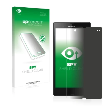 Vorderseite einer Produktverpackung mit dem Markenlogo upscreen. Daneben ist das Gerät Sony Xperia Z C6602 C6603 mit dem zugeh