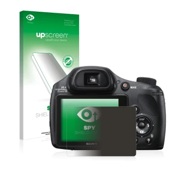Vorderseite einer Produktverpackung mit dem Markenlogo upscreen. Daneben ist das Gerät Sony Cyber-Shot DSC-HX300 mit dem zugeh