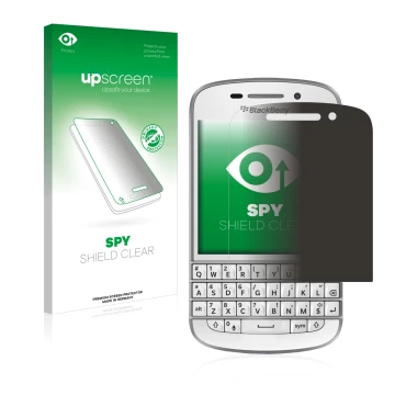 Vorderseite einer Produktverpackung mit dem Markenlogo upscreen. Daneben ist das Gerät BlackBerry Q10 mit dem zugehörigen Disp