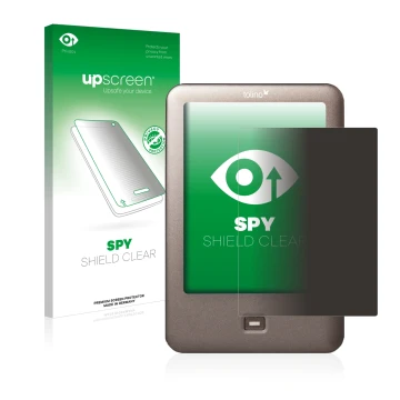 Vorderseite einer Produktverpackung mit dem Markenlogo upscreen. Daneben ist das Gerät Tolino Shine mit dem zugehörigen Displa