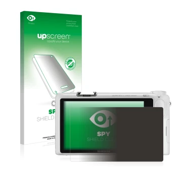 Vorderseite einer Produktverpackung mit dem Markenlogo upscreen. Daneben ist das Gerät Samsung NX2000 mit dem zugehörigen Disp