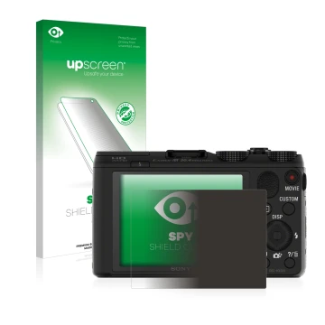 Vorderseite einer Produktverpackung mit dem Markenlogo upscreen. Daneben ist das Gerät Sony Cyber-Shot DSC-HX50V mit dem zugeh