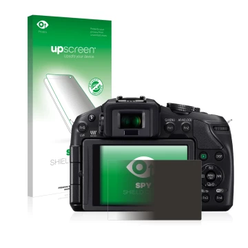 Vorderseite einer Produktverpackung mit dem Markenlogo upscreen. Daneben ist das Gerät Panasonic Lumix DMC-G6 mit dem zugehöri