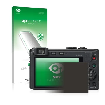 Vorderseite einer Produktverpackung mit dem Markenlogo upscreen. Daneben ist das Gerät Panasonic Lumix DMC-LF1 mit dem zugehör