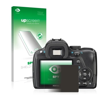 Vorderseite einer Produktverpackung mit dem Markenlogo upscreen. Daneben ist das Gerät Pentax K-50 mit dem zugehörigen Display