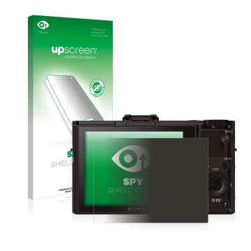 Vorderseite einer Produktverpackung mit dem Markenlogo upscreen. Daneben ist das Gerät Sony Cyber-Shot DSC-RX100 II mit dem zu