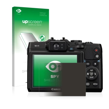 Vorderseite einer Produktverpackung mit dem Markenlogo upscreen. Daneben ist das Gerät Canon PowerShot G16 mit dem zugehörigen