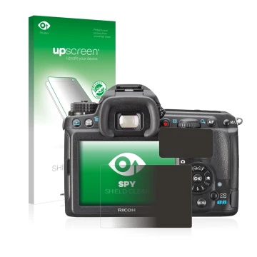 Vorderseite einer Produktverpackung mit dem Markenlogo upscreen. Daneben ist das Gerät Pentax K3, K-3 mit dem zugehörigen Disp