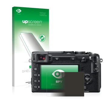 Vorderseite einer Produktverpackung mit dem Markenlogo upscreen. Daneben ist das Gerät Fujifilm X-E2 mit dem zugehörigen Displ