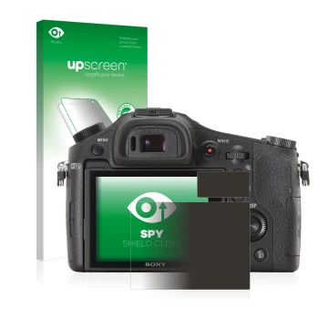 Vorderseite einer Produktverpackung mit dem Markenlogo upscreen. Daneben ist das Gerät Sony Cyber-Shot DSC-RX10 mit dem zugehö