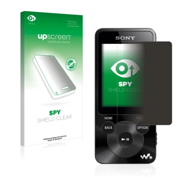 Vorderseite einer Produktverpackung mit dem Markenlogo upscreen. Daneben ist das Gerät Sony Walkman NWZ-E585 mit dem zugehörig