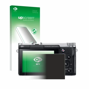 Vorderseite einer Produktverpackung mit dem Markenlogo upscreen. Daneben ist das Gerät Samsung NX300M mit dem zugehörigen Disp