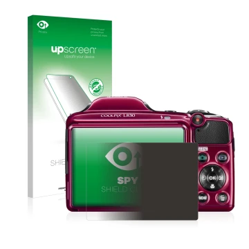 Vorderseite einer Produktverpackung mit dem Markenlogo upscreen. Daneben ist das Gerät Nikon Coolpix L830 mit dem zugehörigen 