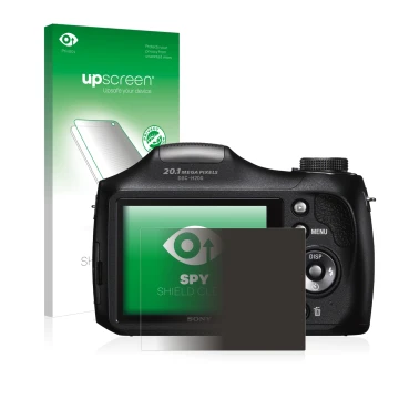 Vorderseite einer Produktverpackung mit dem Markenlogo upscreen. Daneben ist das Gerät Sony Cyber-Shot DSC-H300 mit dem zugehö