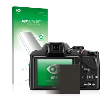 Vorderseite einer Produktverpackung mit dem Markenlogo upscreen. Daneben ist das Gerät Nikon Coolpix P530 mit dem zugehörigen 